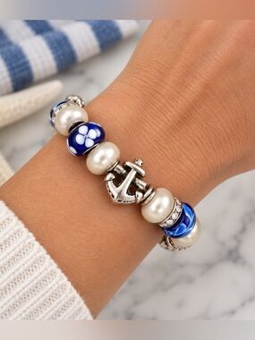 Nautical Anchor Charm Bracelet Blue Glass Beads Pearl Silver Tone